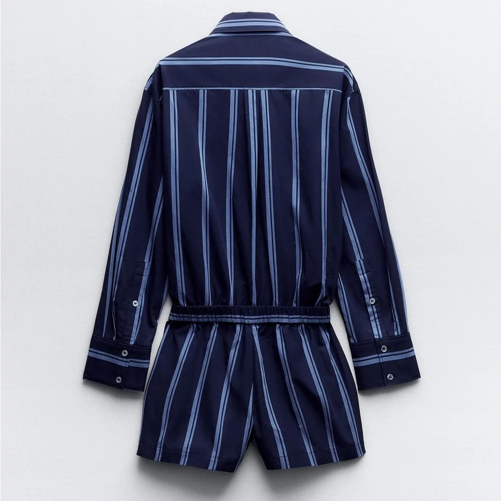 Zara Striped Poplin Jumpsuit Romper 100% Cotton In Blue Size M NWT